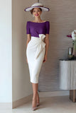 Grape Pencil Chiffon Boat Neck Midi Mother of the Bride Dress with Bow