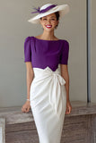 Grape Pencil Chiffon Boat Neck Midi Mother of the Bride Dress with Bow