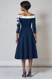 Floral Navy A Line Satin Midi Mother of the Bride Dress with Appliques