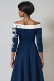 Floral Navy A Line Satin Midi Mother of the Bride Dress with Appliques