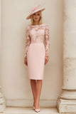 Blush Pink Sheath Boat Neck Midi Mother of the Bride Dress with Lace