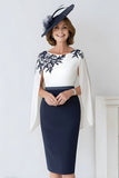 Navy White Sheath Round Neck Midi Mother of the Bride Dress with Cape
