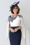 Navy White Sheath Round Neck Midi Mother of the Bride Dress with Cape
