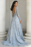 Silver A Line V-Neck Long Mother of the Bride Dress with Appliques