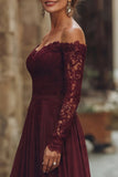 Cabernet A Line Off the Shoulder Long Mother of the Bride Dress with Lace