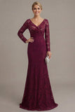 Cabernet Mermaid V Neck Lace Mother of the Bride Dress with Long Sleeves