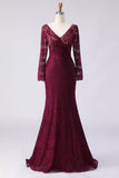 Cabernet Mermaid V Neck Lace Mother of the Bride Dress with Long Sleeves