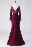 Cabernet Mermaid V Neck Lace Mother of the Bride Dress with Long Sleeves