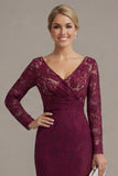 Cabernet Mermaid V Neck Lace Mother of the Bride Dress with Long Sleeves