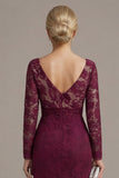 Cabernet Mermaid V Neck Lace Mother of the Bride Dress with Long Sleeves