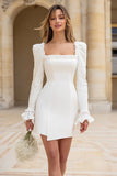 Ivory Long Sleeve Bodycon Square Neck Bridal Shower Dress With Lace
