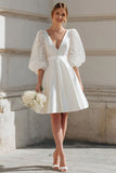 A-Line V- Neck Ivory Bridal Shower Dress With Puff Sleeves
