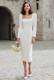 Ivory Long Sleeve Square Neck Sheath Engagement Dress