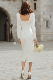 Ivory Long Sleeve Square Neck Sheath Engagement Dress