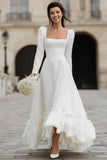 Ivory A-Line Long Sleeve Square Neck Engagement Dress With Ruffles