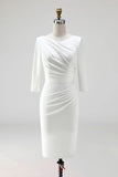 Ivory Sheath V Neck Ruched Plus Size Midi Work Dress with Half Sleeves