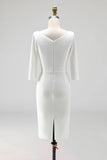 Ivory Sheath V Neck Ruched Plus Size Midi Work Dress with Half Sleeves