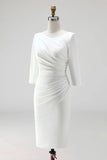 Ivory Sheath V Neck Ruched Plus Size Midi Work Dress with Half Sleeves