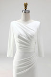 Ivory Sheath V Neck Ruched Plus Size Midi Work Dress with Half Sleeves