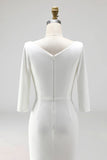 Ivory Sheath V Neck Ruched Plus Size Midi Work Dress with Half Sleeves