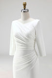 Ivory Sheath V Neck Ruched Plus Size Midi Work Dress with Half Sleeves