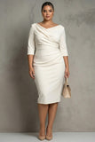 Ivory Sheath V Neck Ruched Plus Size Midi Work Dress with Half Sleeves
