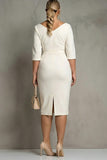 Ivory Sheath V Neck Ruched Plus Size Midi Work Dress with Half Sleeves