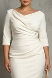 Ivory Sheath V Neck Ruched Plus Size Midi Work Dress with Half Sleeves