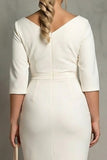 Ivory Sheath V Neck Ruched Plus Size Midi Work Dress with Half Sleeves