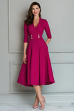 Fuchsia A-Line V-Neck Work Dress With Half Sleeves