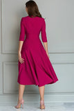 Fuchsia A-Line V-Neck Work Dress With Half Sleeves