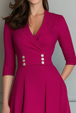 Fuchsia A-Line V-Neck Work Dress With Half Sleeves