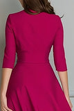Fuchsia A-Line V-Neck Work Dress With Half Sleeves