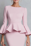 Pink Pencil Ruffle Work Dress With Long Sleeves