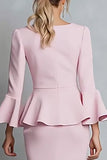 Pink Pencil Ruffle Work Dress With Long Sleeves