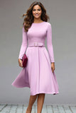 Lilac A-Line Long Sleeve Work Dress With Belt