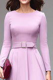 Lilac A-Line Long Sleeve Work Dress With Belt