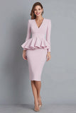 Pink V-Neck Pencil Ruffle Long Sleeve Work Dress