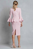 Pink V-Neck Pencil Ruffle Long Sleeve Work Dress