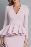 Pink V-Neck Pencil Ruffle Long Sleeve Work Dress