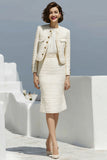 2-Piece Ivory Pencil Tweed Midi Work Dress