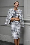 Mix Black Grid 2-Piece Tight Tweed Work Dress