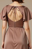 Coffee Satin Round Neck Maxi A Line Evening Dress