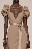 Coffee Satin Puff Sleeve Mermaid Long Evening Dress with Belt