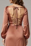 Maroon Long Sleeve Sheath Satin Evening Dress