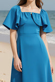Square Neck Royal Blue A Line Ruffled Evening Dress