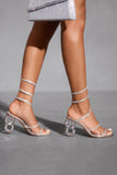 Sparkly Silver Beaded Strappy Stiletto High Heel Sandals