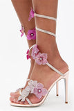 Sparkly Pink Beaded Strappy Stiletto Heel Sandals with 3D Flowers
