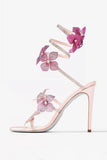 Sparkly Pink Beaded Strappy Stiletto Heel Sandals with 3D Flowers