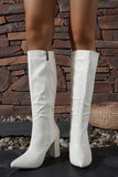 White Wide Calf Pointed Toe Knee High Chunky Heel Boots
